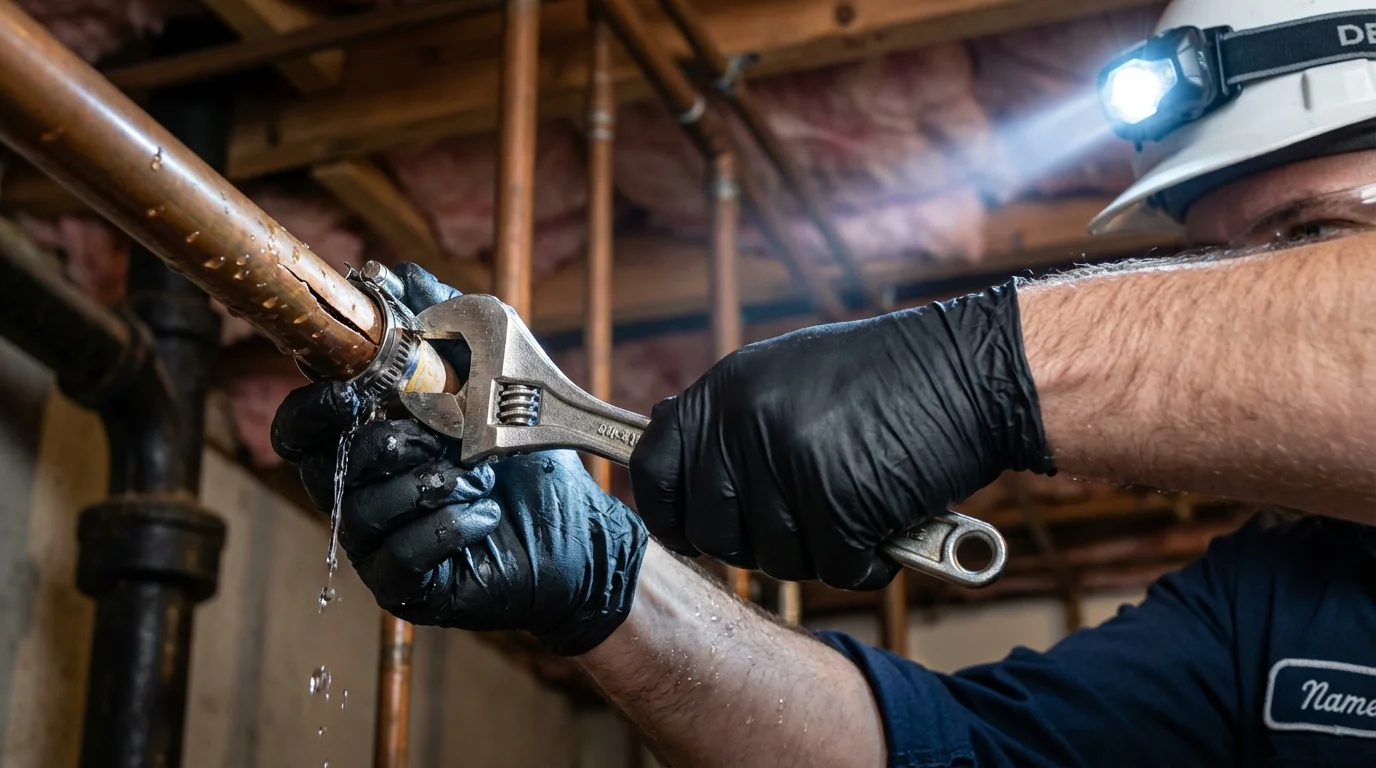 Emergency pipe clamp repair being performed by a Johns Plumbing LLC plumber in Roswell