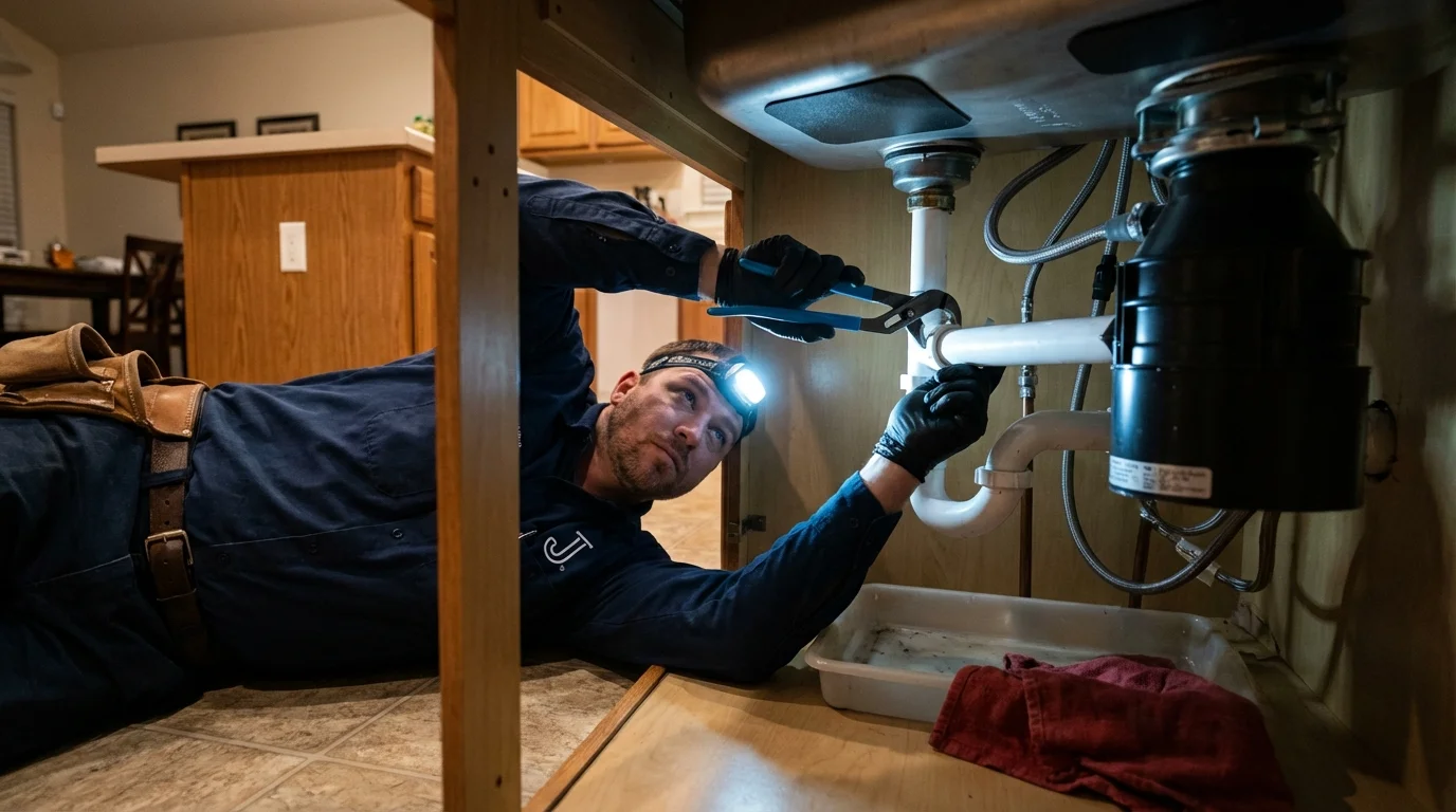 P-trap and supply line connections under a kitchen sink showing a common leak point in Roswell, NM